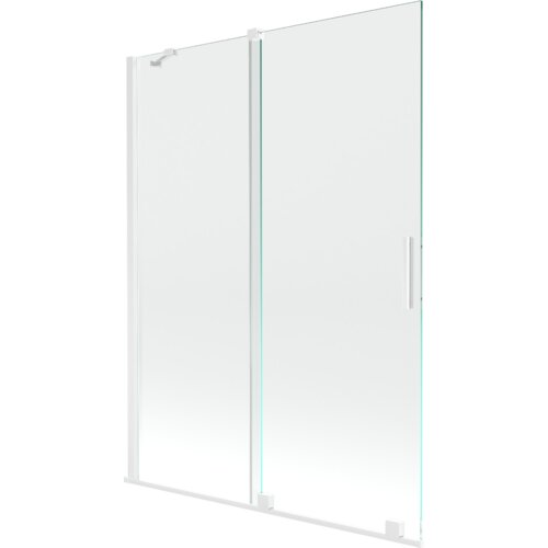 Dwuskrzydłowy, rozsuwany parawan nawannowy o wymiarach 130 x 150 cm, wykonany z transparentnego szkła z białymi elementami konstrukcyjnymi. Produkt posiada prosty uchwyt i minimalistyczny design.