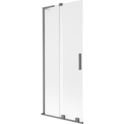 Dwuskrzydłowy, rozsuwany parawan nawannowy o wymiarach 85 x 150 cm, wykonany z matowego szkła i wykończony w kolorze gun metal, z prostokątnym uchwytem. Produkt ma solidną ramę i minimalistyczny design.