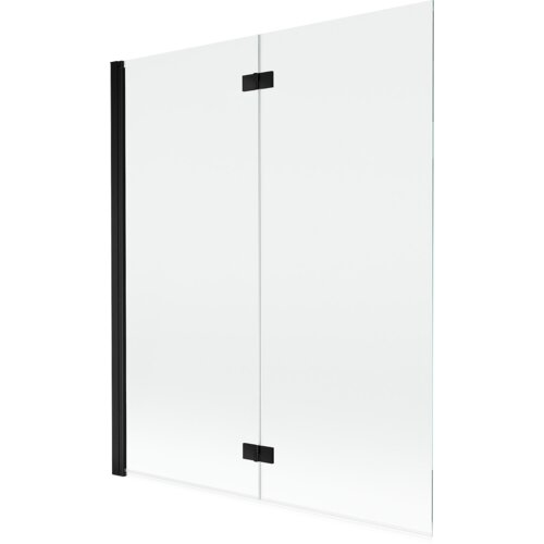 Przezroczysty, dwuskrzydłowy parawan nawannowy z czarnymi elementami mocującymi i ramą. Produkt ma minimalistyczny design i jest wykonany z przezroczystego szkła.