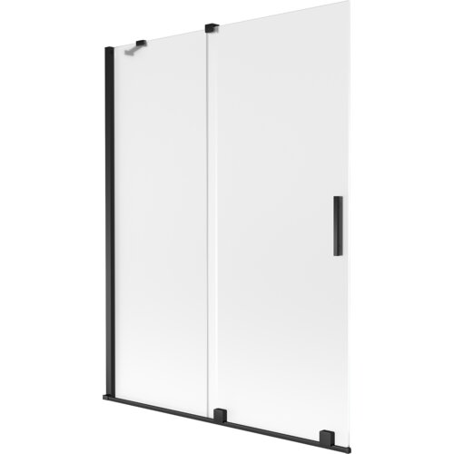 Na zdjęciu znajduje się dwuskrzydłowy, rozsuwany parawan nawannowy o wymiarach 130 x 150 cm, wykonany z mrożonego szkła z czarnymi elementami wykończenia. Produkt ma prosty, nowoczesny design z widocznymi uchwytami i mocowaniami.