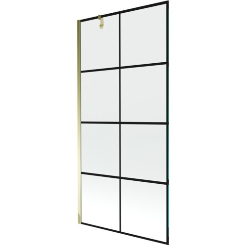 Przesłane zdjęcie przedstawia parawan nawannowy z jedną skrzydłową szybą o wymiarach 90 x 150 cm, z czarną kratką i złotymi elementami. Produkt ma prostokątny kształt i jest wykonany z przezroczystego szkła z czarnymi liniami tworzącymi kratkę.