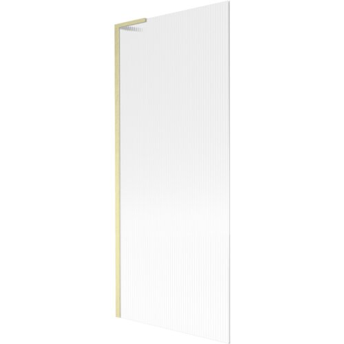 Przedstawiony jest parawan nawannowy o wymiarach 80 x 150 cm z prążkowaną powierzchnią i złotym szczotkowanym wykończeniem. Produkt ma prostą, elegancką formę z widocznymi pionowymi liniami na szklanej powierzchni.