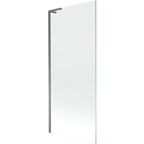 Przezroczysty parawan nawannowy o wymiarach 80 x 150 cm z metalowym wykończeniem w kolorze gun metal. Produkt ma prostokątny kształt i jednoskrzydłową konstrukcję.