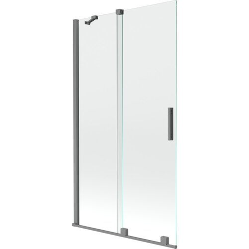 Przesłane zdjęcie przedstawia dwuskrzydłowy, rozsuwany parawan nawannowy o wymiarach 100 x 150 cm, wykonany z transparentnego szkła z metalowymi elementami w kolorze gun metal. Produkt ma prostokątny uchwyt i metalowe mocowania na górze i dole.