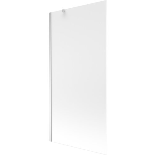Szklany parawan nawannowy o matowej powierzchni z chromowanymi elementami montażowymi. Produkt ma prostokątny kształt i minimalistyczny design.