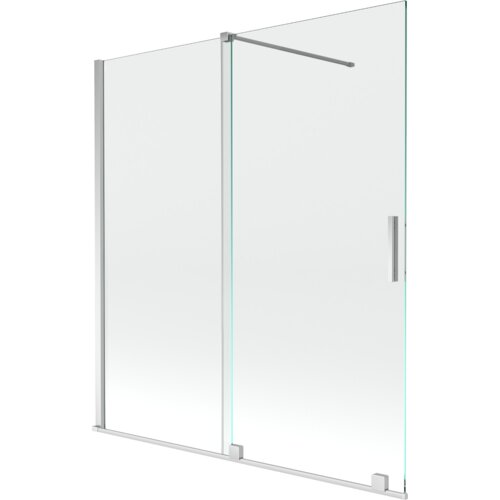 Przesłane zdjęcie przedstawia dwuskrzydłowy, rozsuwany parawan nawannowy o wymiarach 150 x 150 cm, wykonany z przezroczystego szkła z chromowanymi elementami. Produkt ma prostokątny kształt, z metalowym uchwytem i wspornikiem stabilizującym.