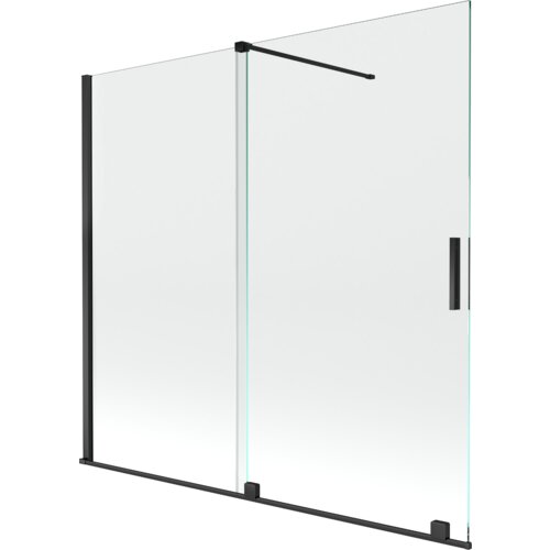 Dwuskrzydłowy, rozsuwany parawan nawannowy o wymiarach 170 x 150 cm, wykonany z przezroczystego szkła z czarnymi elementami montażowymi i uchwytem. Produkt ma prosty, nowoczesny design z widocznymi metalowymi profilami i wspornikiem.
