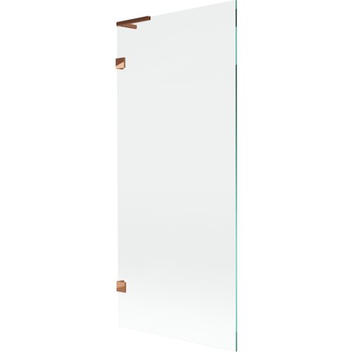 Przezroczysty parawan nawannowy z jednym skrzydłem, o wymiarach 80 x 150 cm, z elementami w kolorze różowego złota. Produkt ma prostą, minimalistyczną konstrukcję z widocznymi metalowymi uchwytami.