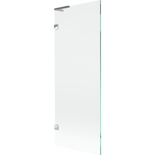 Przezroczysty parawan nawannowy z chromowanymi elementami montażowymi, o prostokątnym kształcie. Produkt ma gładką powierzchnię i minimalistyczny design.