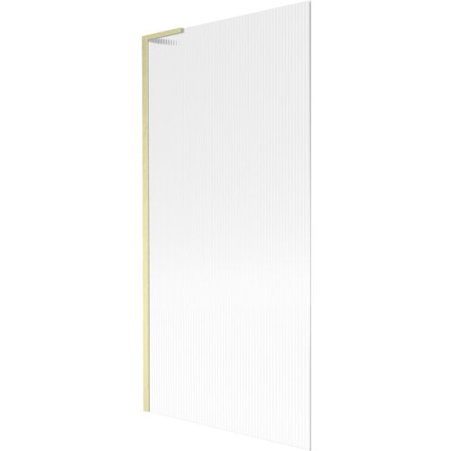 Przesłane zdjęcie przedstawia jednoskrzydłowy parawan nawannowy o wymiarach 90 x 150 cm z prążkowaną powierzchnią i złotym szczotkowanym wykończeniem. Produkt ma prostą, elegancką konstrukcję z pionowymi liniami na szklanej powierzchni.