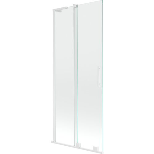 Przesłane zdjęcie przedstawia dwuskrzydłowy, rozsuwany parawan nawannowy o wymiarach 85 x 150 cm, wykonany z przezroczystego szkła z białymi elementami konstrukcyjnymi. Na zdjęciu widoczny jest uchwyt na jednym ze skrzydeł parawanu.