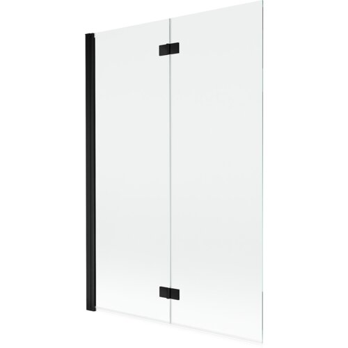 Dwuskrzydłowy, transparentny parawan nawannowy z czarnymi elementami mocującymi, o wymiarach 120 x 150 cm. Produkt ma prosty, nowoczesny design z czarną ramą po jednej stronie.