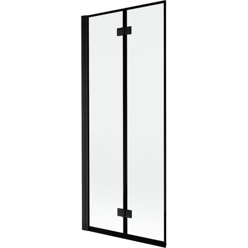 Dwuskrzydłowy parawan nawannowy z czarną ramką, wykonany z przezroczystego szkła, z widocznymi zawiasami. Produkt ma prosty, nowoczesny design i jest przeznaczony do montażu na wannie.