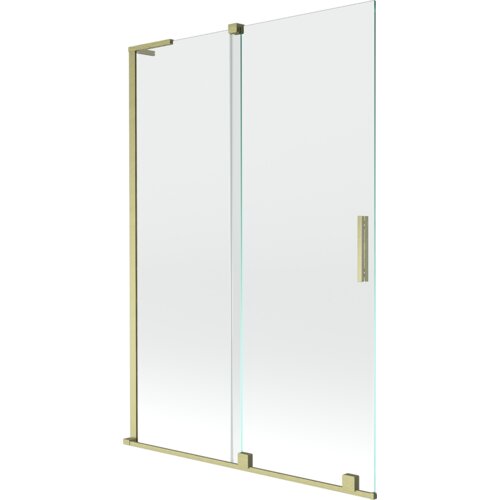 Dwuskrzydłowy, rozsuwany parawan nawannowy o wymiarach 120 x 150 cm, wykonany z przezroczystego szkła, z elementami w kolorze złotym szczotkowanym. Produkt ma prostokątną formę z metalowymi uchwytami i ramą.