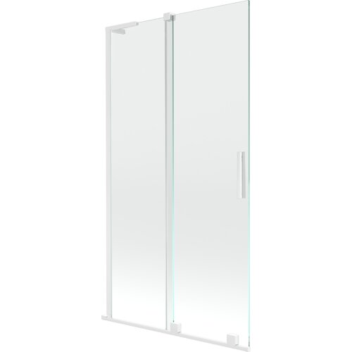 Dwuskrzydłowy, rozsuwany parawan nawannowy o wymiarach 100 x 150 cm, wykonany z transparentnego szkła z białymi elementami konstrukcyjnymi. Produkt posiada prosty uchwyt i minimalistyczny design.
