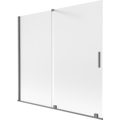 Dwuskrzydłowy, rozsuwany parawan nawannowy o wymiarach 170 x 150 cm, wykonany z matowego szkła w kolorze gun metal, z prostokątnym uchwytem. Produkt ma minimalistyczny design z metalowymi elementami konstrukcyjnymi.