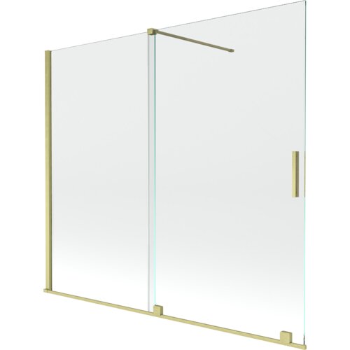 Przesłane zdjęcie przedstawia dwuskrzydłowy, rozsuwany parawan nawannowy o wymiarach 180 x 150 cm, wykonany z przezroczystego szkła z elementami w kolorze złotym szczotkowanym. Produkt ma prostą, nowoczesną konstrukcję z metalowymi uchwytami i wspornikami.