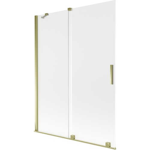 Dwuskrzydłowy, rozsuwany parawan nawannowy o wymiarach 130 x 150 cm, wykonany z matowego szkła z elementami w złotym kolorze. Produkt ma prosty, nowoczesny design z pionowym uchwytem na jednym ze skrzydeł.
