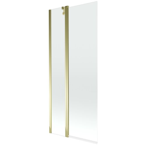 Dwuskrzydłowy parawan nawannowy o wymiarach 80 x 150 cm, wykonany z przezroczystego szkła z elementami w złotym kolorze. Produkt ma prostą, nowoczesną konstrukcję z widocznymi zawiasami i uchwytami.