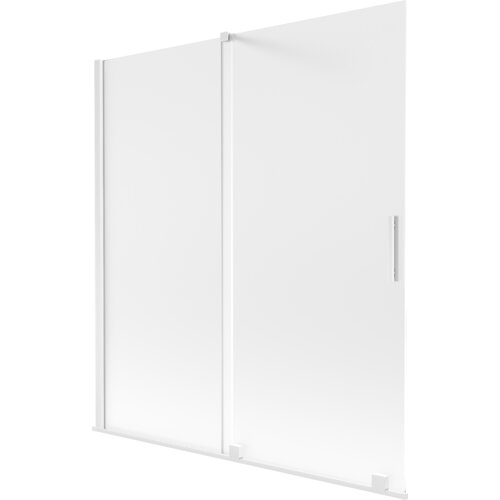Dwuskrzydłowy, rozsuwany parawan nawannowy o wymiarach 150 x 150 cm, wykonany z białego, szronionego szkła, z prostokątnym uchwytem. Produkt ma prostą, nowoczesną konstrukcję z widocznymi elementami montażowymi.
