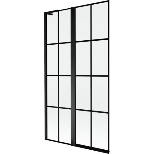 Dwuskrzydłowy parawan nawannowy z czarną kratką, wykonany ze szkła, o wymiarach 100 x 150 cm. Produkt ma prostą, nowoczesną konstrukcję z wyraźnymi pionowymi i poziomymi liniami.