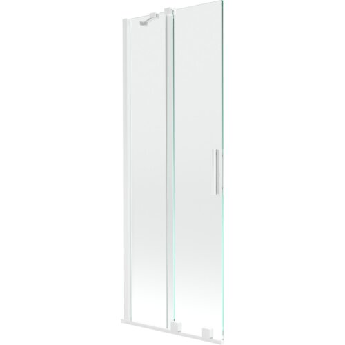 Dwuskrzydłowy, rozsuwany parawan nawannowy o wymiarach 70 x 150 cm, wykonany z przezroczystego szkła z białymi elementami konstrukcyjnymi. Produkt posiada prosty uchwyt i minimalistyczny design.