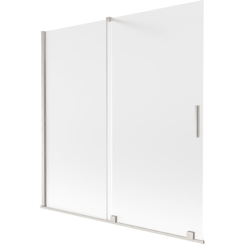 Dwuskrzydłowy, rozsuwany parawan nawannowy o wymiarach 160 x 150 cm, wykonany z matowego szkła i wykończony szczotkowanym niklem. Produkt posiada prostokątny uchwyt na jednym ze skrzydeł.