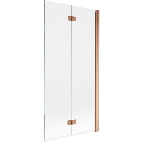 Na zdjęciu znajduje się dwuskrzydłowy parawan nawannowy o wymiarach 90 x 150 cm, wykonany z przezroczystego szkła z elementami w kolorze miedzi szczotkowanej. Produkt ma prostą konstrukcję z widocznymi zawiasami i uchwytem.