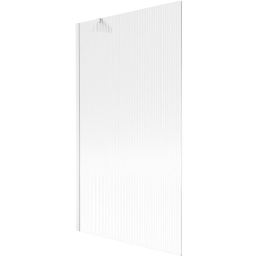 Biały, jednoskrzydłowy parawan nawannowy o wymiarach 100 x 150 cm z pionowymi prążkami. Produkt ma minimalistyczny design i jest przeznaczony do montażu na wannie.