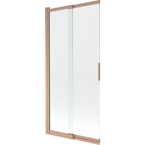 Dwuskrzydłowy, przesuwny parawan nawannowy o wymiarach 85 x 150 cm, wykonany z przezroczystego szkła, z ramą i uchwytem w kolorze miedzi szczotkowanej. Produkt ma prosty, nowoczesny design.