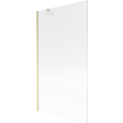 Przedstawiony jest parawan nawannowy o wymiarach 100 x 150 cm z prążkowaną powierzchnią i złotym szczotkowanym wykończeniem. Produkt ma prostą, elegancką formę z pionowymi liniami na szklanej powierzchni.