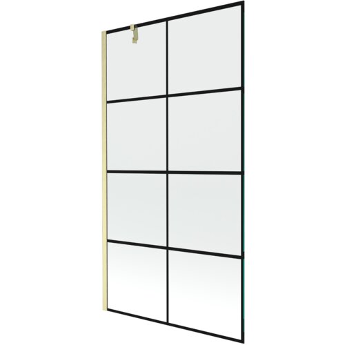 Jednoskrzydłowy parawan nawannowy o wymiarach 100 x 150 cm z czarną kratką i złotym szczotkowanym wykończeniem. Produkt ma prostokątny kształt z podziałem na osiem równych sekcji.