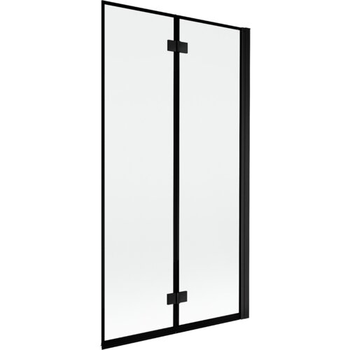 Dwuskrzydłowy parawan nawannowy z czarną ramką, wykonany z przezroczystego szkła, z widocznymi zawiasami pośrodku. Produkt ma prosty, nowoczesny design i jest przeznaczony do montażu na wannie.