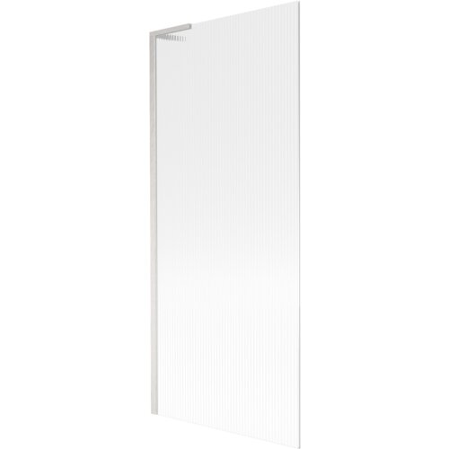 Przedstawiony jest parawan nawannowy o wymiarach 80 x 150 cm z prążkowanym wzorem i wykończeniem w kolorze niklu szczotkowanego. Produkt ma jednoskrzydłową konstrukcję i prosty, nowoczesny design.