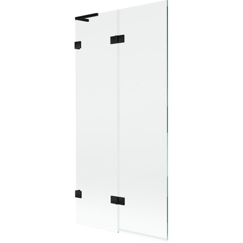 Przezroczysty, dwuskrzydłowy parawan nawannowy z czarnymi zawiasami i uchwytem, o wymiarach 90 x 150 cm. Produkt ma minimalistyczny design z prostymi liniami i gładką powierzchnią.