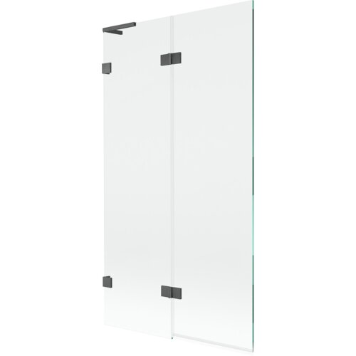 Przezroczysty parawan nawannowy z dwoma skrzydłami, wykonany ze szkła, z ciemnoszarymi, szczotkowanymi elementami mocującymi. Produkt ma prosty, nowoczesny design.