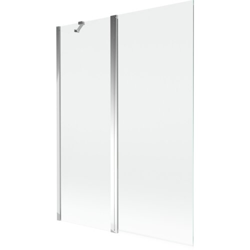 Dwuskrzydłowy parawan nawannowy o wymiarach 130 x 150 cm, wykonany z przezroczystego szkła z chromowanymi elementami. Produkt ma prosty, nowoczesny design z metalowymi uchwytami.