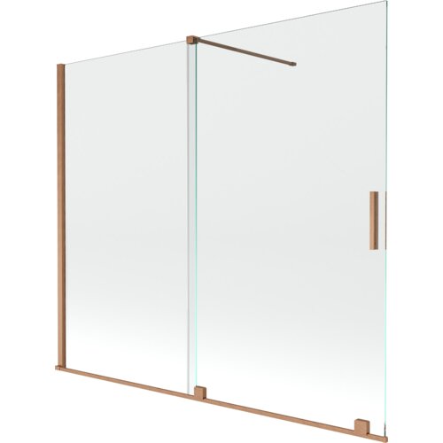 Przesłane zdjęcie przedstawia dwuskrzydłowy, rozsuwany parawan nawannowy o wymiarach 180 x 150 cm, wykonany z przezroczystego szkła z elementami w kolorze szczotkowanej miedzi. Produkt ma prostą konstrukcję z metalowymi uchwytami i wspornikami.