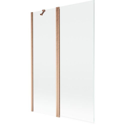 Dwuskrzydłowy parawan nawannowy o wymiarach 120 x 150 cm, wykonany z przezroczystego szkła, z elementami w kolorze miedzi szczotkowanej. Produkt ma prosty, nowoczesny design z widocznymi metalowymi uchwytami i ramkami.