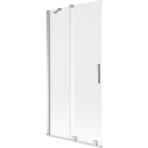 Dwuskrzydłowy, rozsuwany parawan nawannowy o wymiarach 95 x 150 cm, wykonany z mrożonego szkła i chromowanych elementów. Produkt ma prostokątny kształt z metalowymi uchwytami i zawiasami.