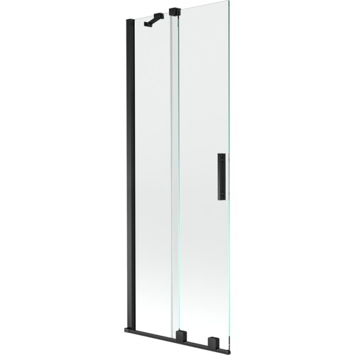 Dwuskrzydłowy, rozsuwany parawan nawannowy o wymiarach 75 x 150 cm, wykonany z przezroczystego szkła z czarnymi elementami konstrukcyjnymi. Produkt posiada prostokątny uchwyt oraz czarne mocowania na górze i dole.