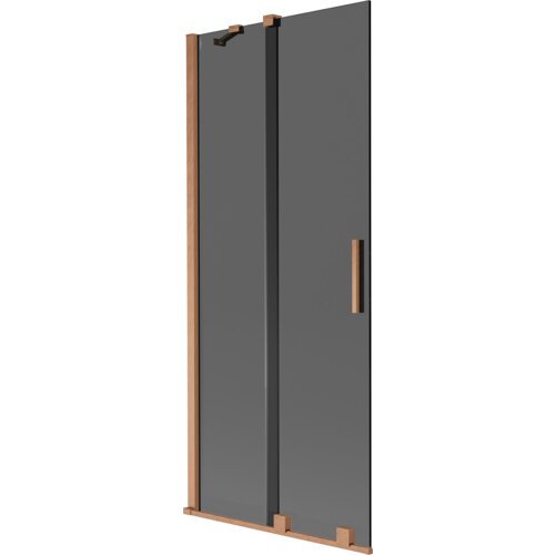 Dwuskrzydłowy, rozsuwany parawan nawannowy w kolorze grafitowym z elementami w odcieniu miedzi szczotkowanej, o wymiarach 80 x 150 cm. Produkt ma prostokątny kształt z pionowym uchwytem i metalowymi elementami mocującymi.