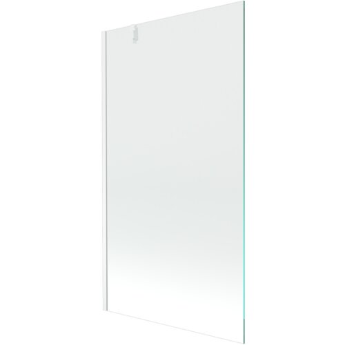 Przezroczysty parawan nawannowy o wymiarach 90 x 150 cm z białymi elementami mocującymi. Produkt jest jednoskrzydłowy i ma prosty, minimalistyczny design.