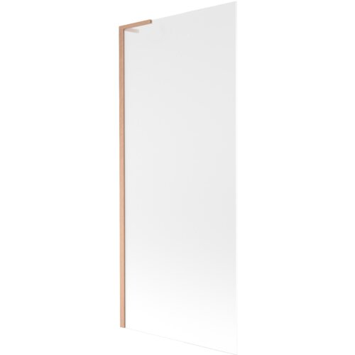 Na zdjęciu widoczny jest szklany parawan nawannowy z jednym skrzydłem, o matowej powierzchni, z ramą w kolorze szczotkowanej miedzi. Produkt ma prosty, nowoczesny design.