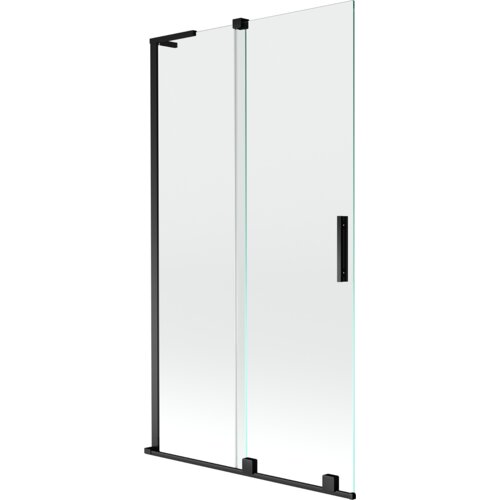 Dwuskrzydłowy, rozsuwany parawan nawannowy o wymiarach 100 x 150 cm, wykonany z przezroczystego szkła z czarnymi elementami konstrukcyjnymi. Produkt ma prosty, nowoczesny design z czarnymi uchwytami i mocowaniami.