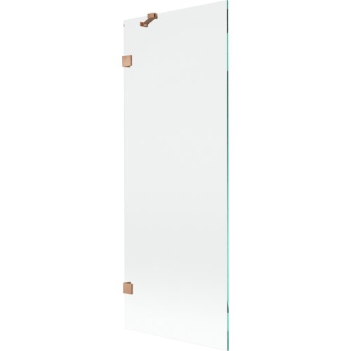Przezroczysty parawan nawannowy z jednym skrzydłem, wykonany ze szkła, z elementami w kolorze miedzi szczotkowanej. Produkt ma prostokątny kształt i minimalistyczny design.