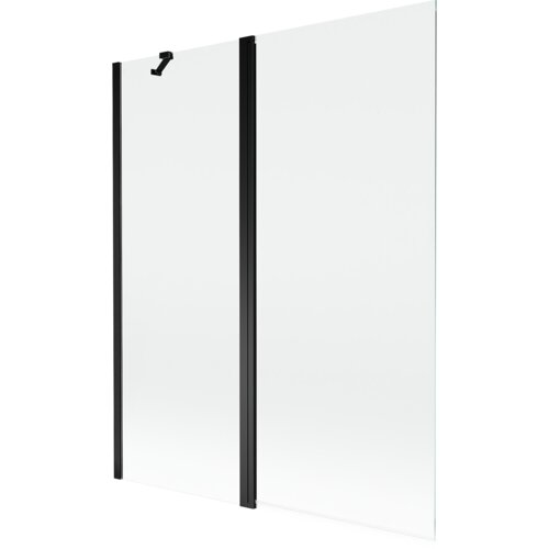 Dwuskrzydłowy parawan nawannowy o wymiarach 140 x 150 cm, wykonany z przezroczystego szkła, z czarnymi elementami montażowymi. Produkt ma prosty, nowoczesny design.