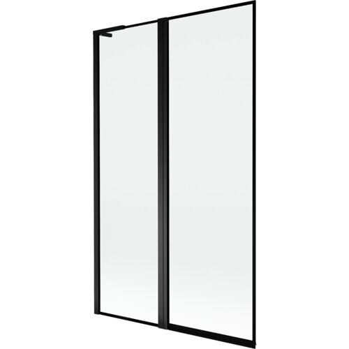 Dwuskrzydłowy parawan nawannowy z czarną ramką, wykonany z przezroczystego szkła, o prostym i nowoczesnym designie. Produkt ma wymiary 110 x 150 cm.