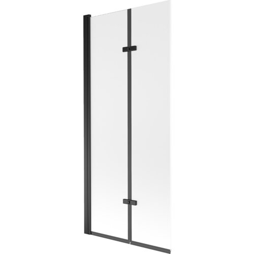 Dwuskrzydłowy parawan nawannowy o wymiarach 80 x 150 cm, wykonany z matowego szkła z czarnymi elementami konstrukcyjnymi. Produkt ma prosty, nowoczesny design z widocznymi zawiasami i ramą.
