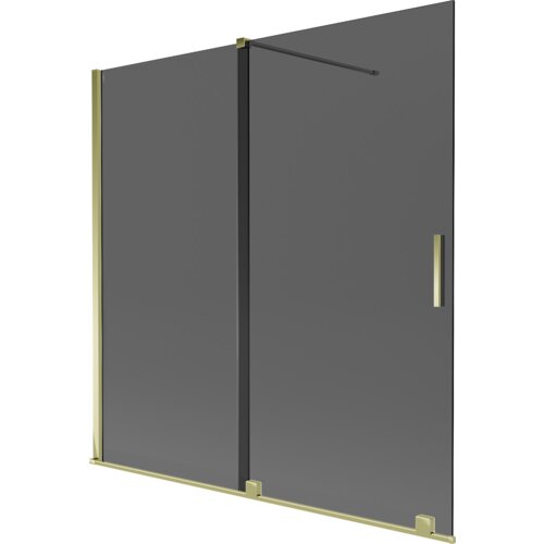 Dwuskrzydłowy, rozsuwany parawan nawannowy w kolorze grafitowym z elementami w złotym odcieniu, posiada prostokątny uchwyt i minimalistyczny design. Produkt ma wymiary 160 x 150 cm.